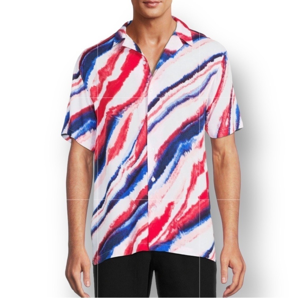 NWOT No Boundaries Red, White, & Blue Rayon Button Front Shirt Size L